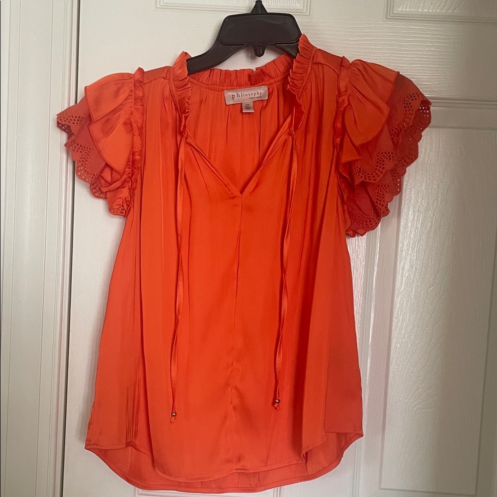 Philosophy Bright Orange Ruffle Sleeve Blouse